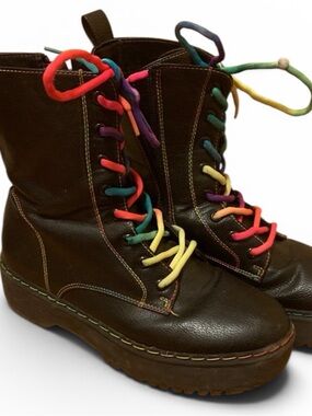Black Combat Boots with Rainbow Laces